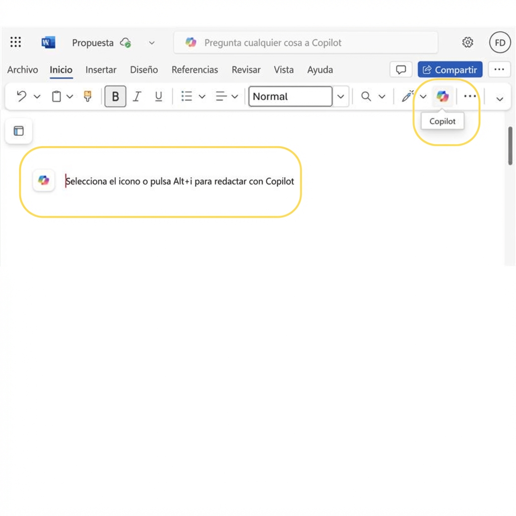 Captura de pantalla de un documento en blanco en Word con «pulsa ALT+I para redactar con Copilot» y el icono de Copilot resaltado.