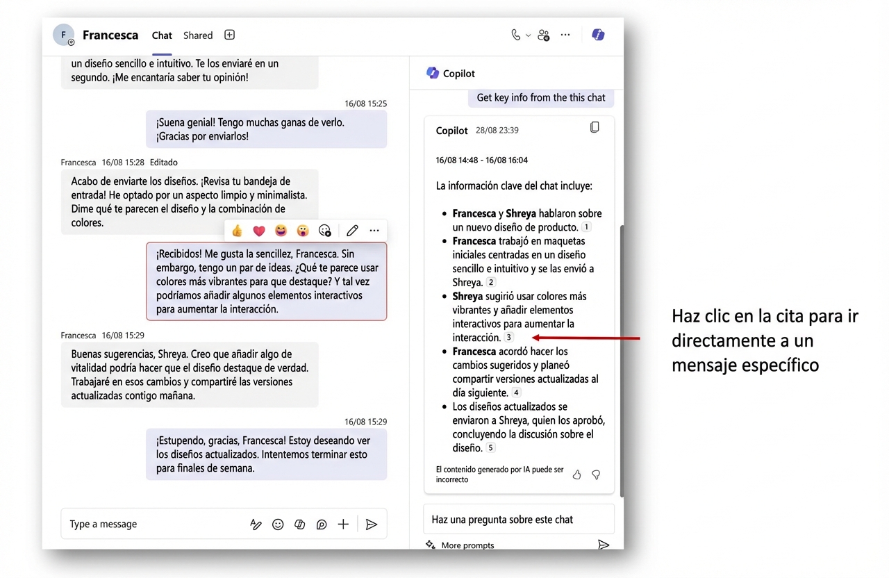 Captura de pantalla de un chat de Microsoft Teams con un chat lateral abierto con la respuesta de Copilot y una flecha roja que apunta a una referencia que nos lleva al mensaje original.