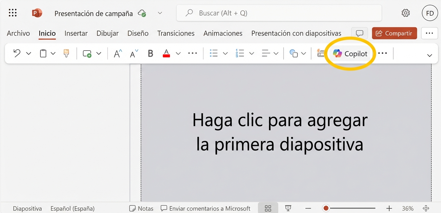Captura de pantalla de un documento de PowerPoint en blanco con el icono de Copilot.