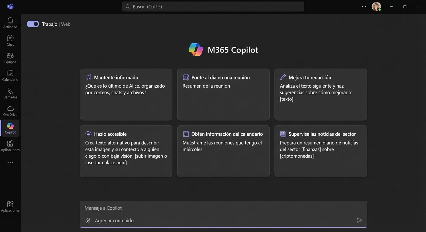 Interfaz Copilot para Microsoft 365, que ofrece una serie de opciones de productividad, como maximizar el tiempo, comprender los correos electrónicos y ayudar en la redacción para las tareas profesionales.