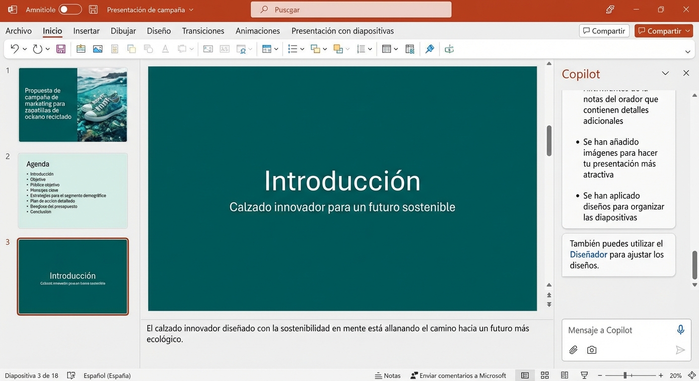 Demostración de cómo Copilot crea una presentación a partir de un archivo existente como punto de partida.