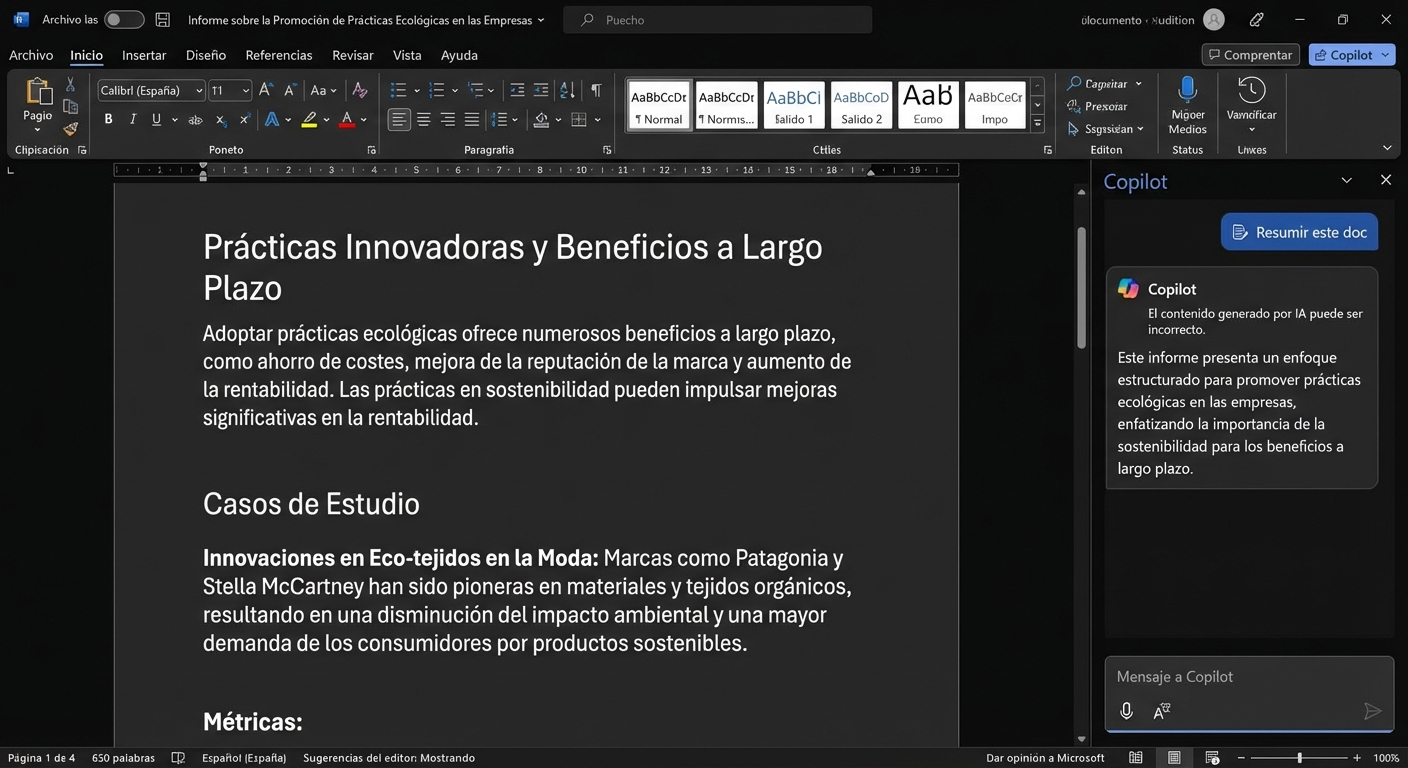 Captura de pantalla de un documento de Word abierto con un chat de Copilot abierto que proporciona un resumen del documento.