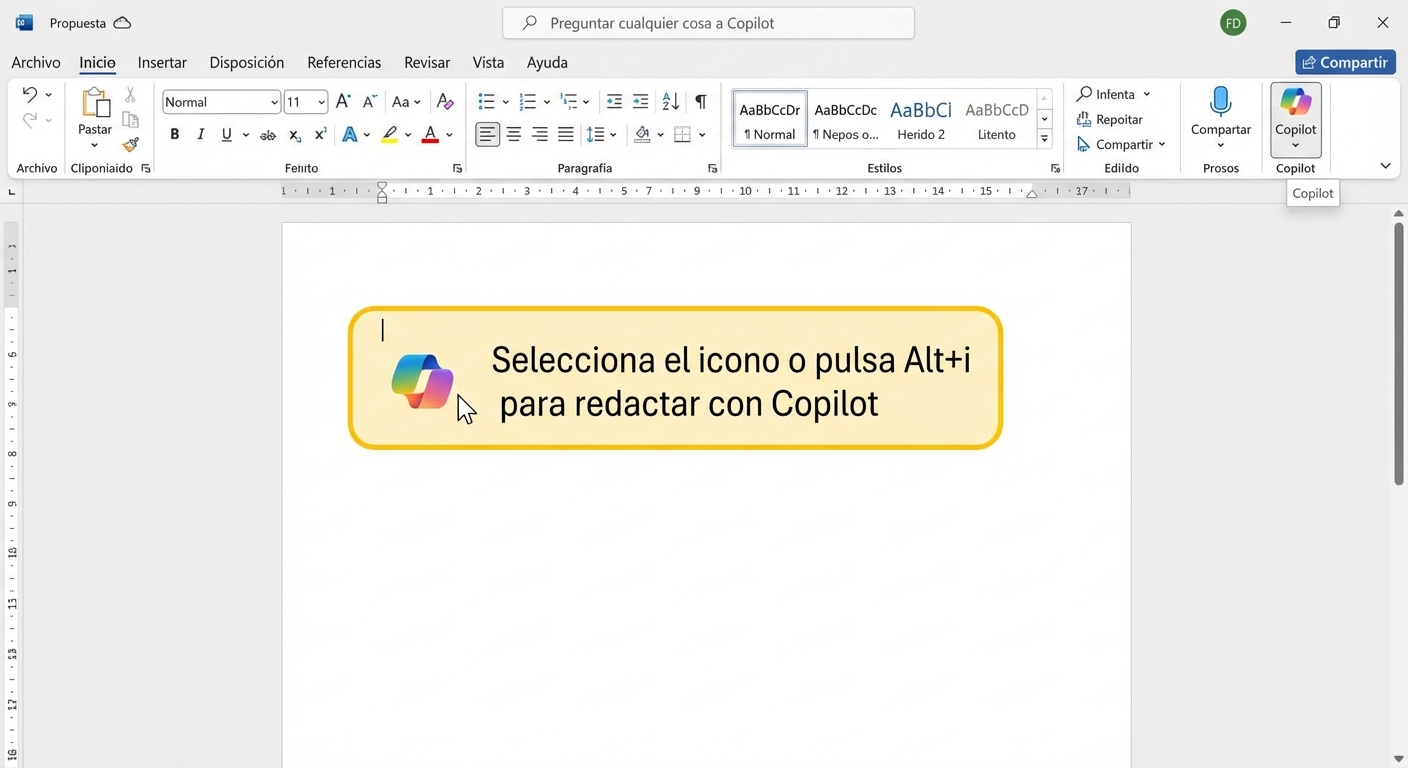 Captura de pantalla de un documento en blanco en Word con Pulsa ALT+I para redactar con Copilot resaltado.