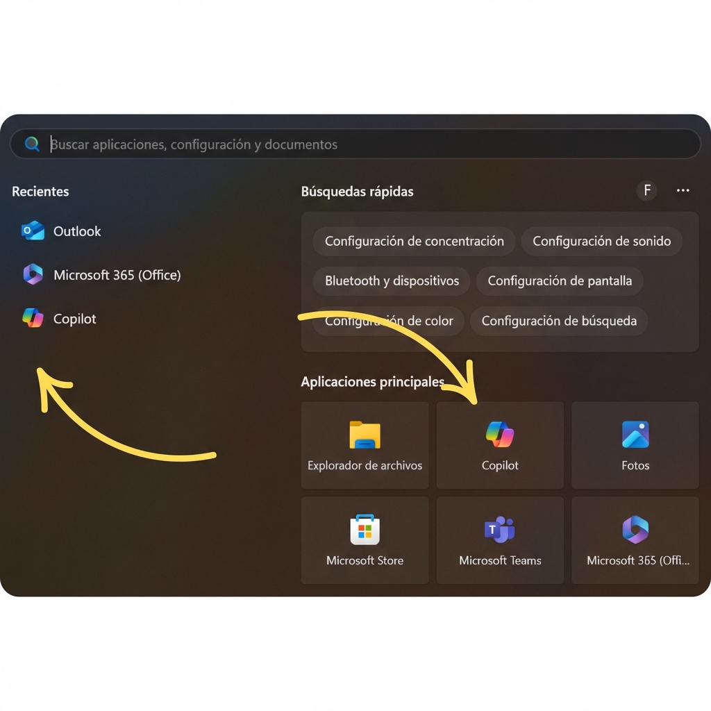 Barra de búsqueda de Windows con flechas que apuntan a los iconos de Copilot.