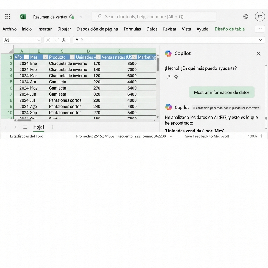 Un documento Excel abierto que muestra gráficos creados con Copilot.