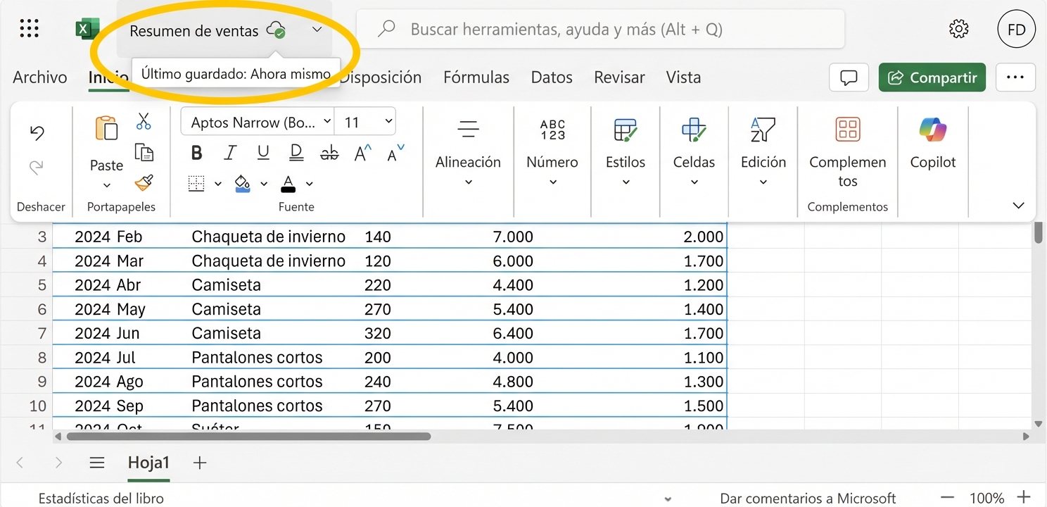 Captura de pantalla de la hoja de cálculo de Excel con el guardado automático resaltado.