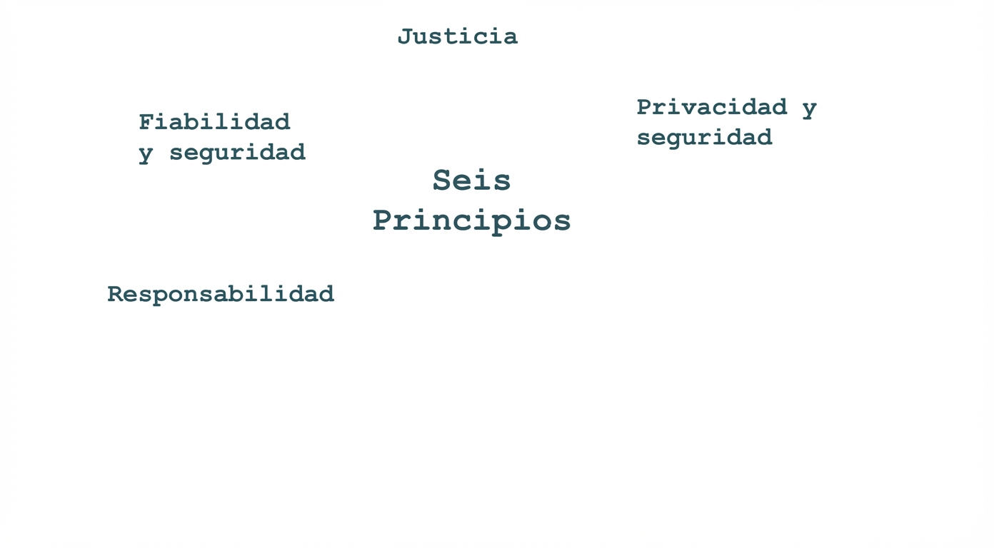 Un texto que dice «seis principios», rodeado por los términos que indican dichos principios: equidad, privacidad y seguridad, fiabilidad y seguridad, responsabilidad.