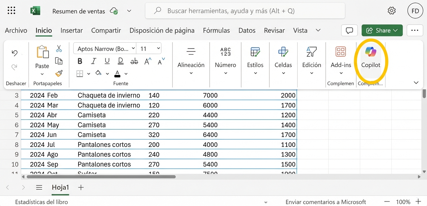 Captura de pantalla de la hoja de cálculo de Excel con el icono de Copilot resaltado.