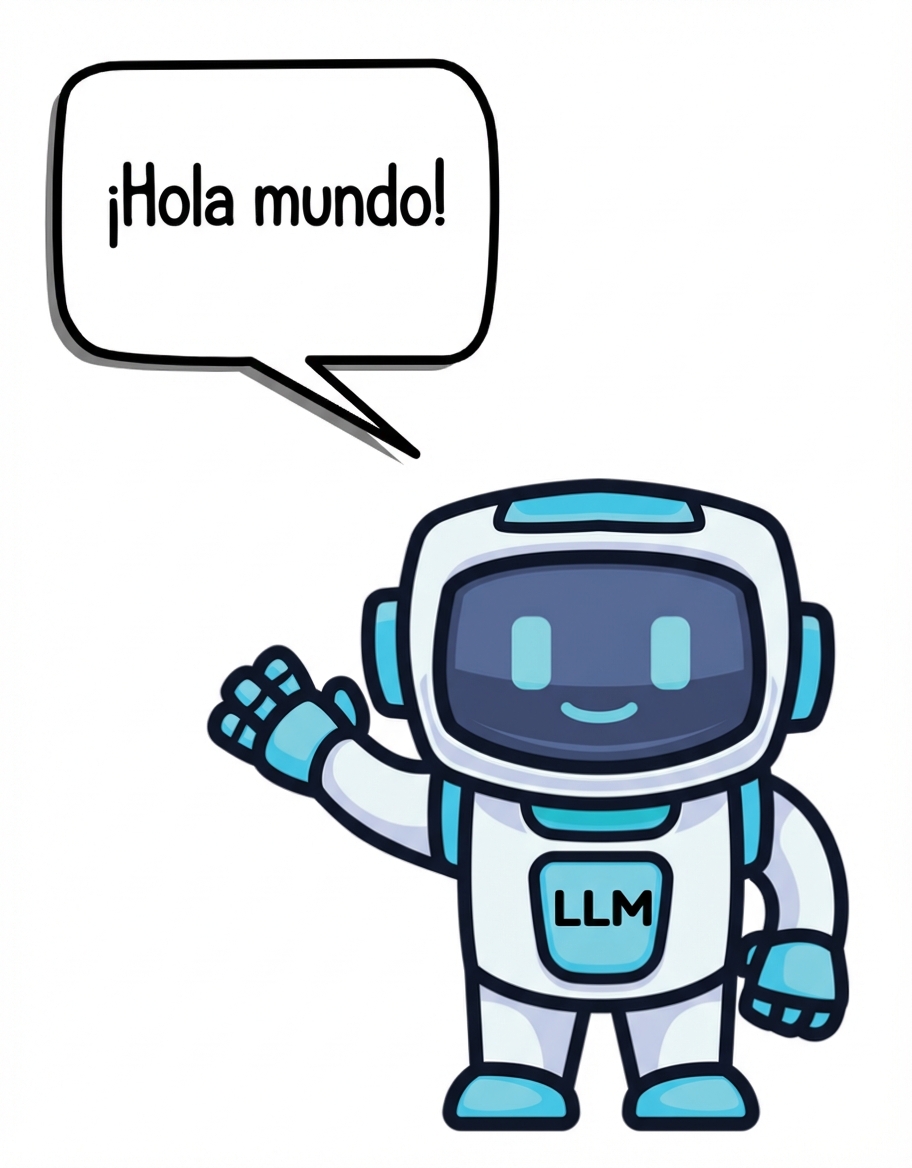 Un robot saludando y diciendo «Hola, mundo». El robot tiene las letras «llm» escritas en el torso.