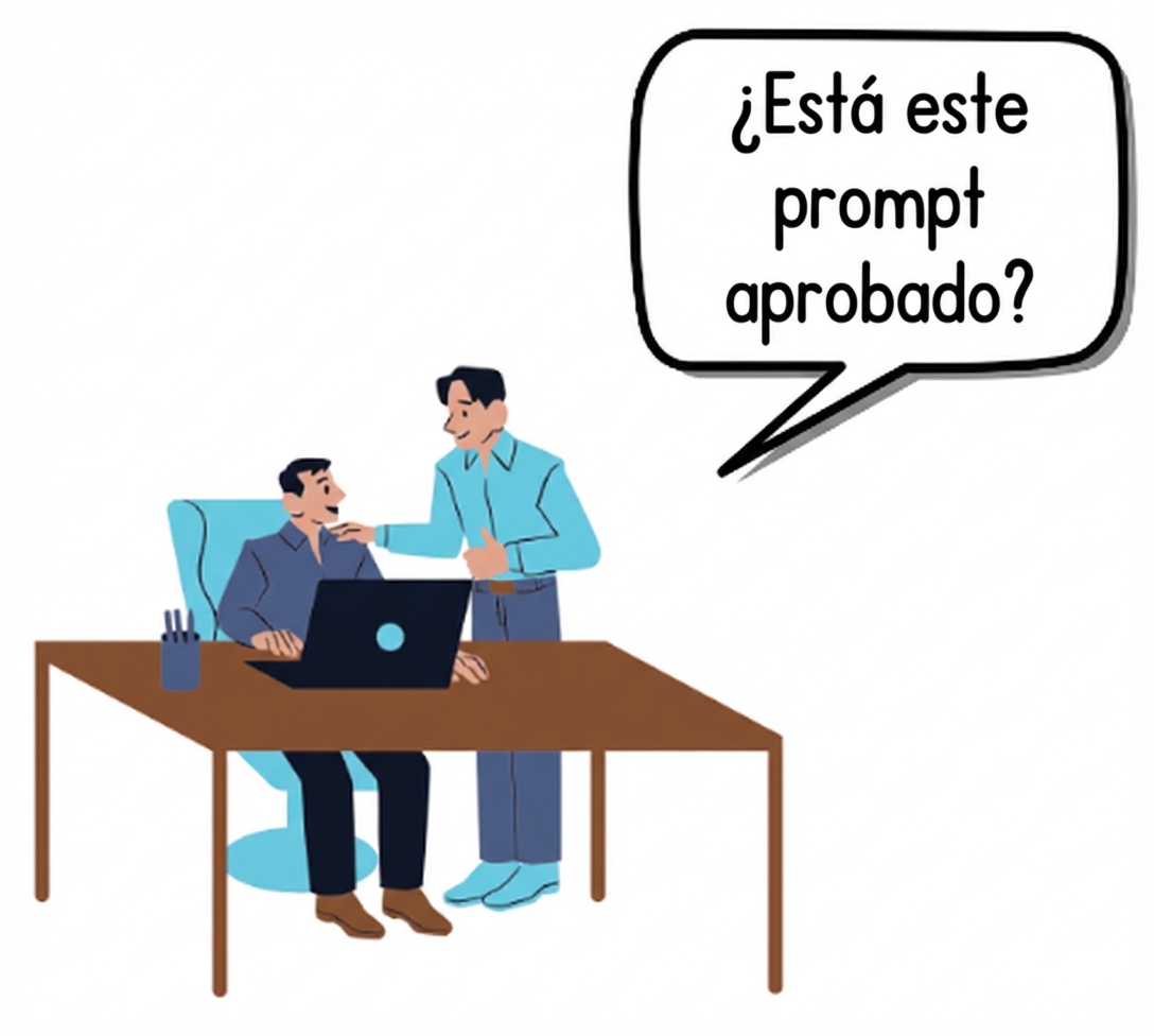 Dos personas junto a un escritorio con un ordenador portátil, en el que una de ellas pregunta si se ha aprobado una solicitud