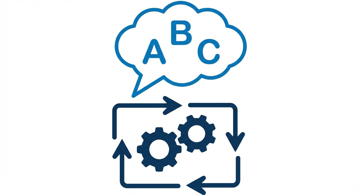 Engranajes giratorios con una burbuja de pensamiento que contiene las letras a, b, c.