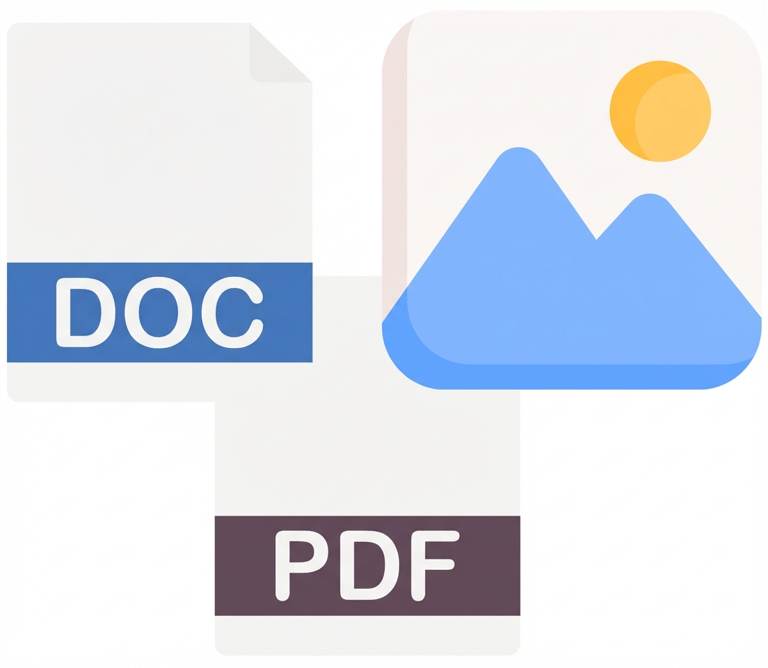 Iconos de un documento, PDF e imagen.