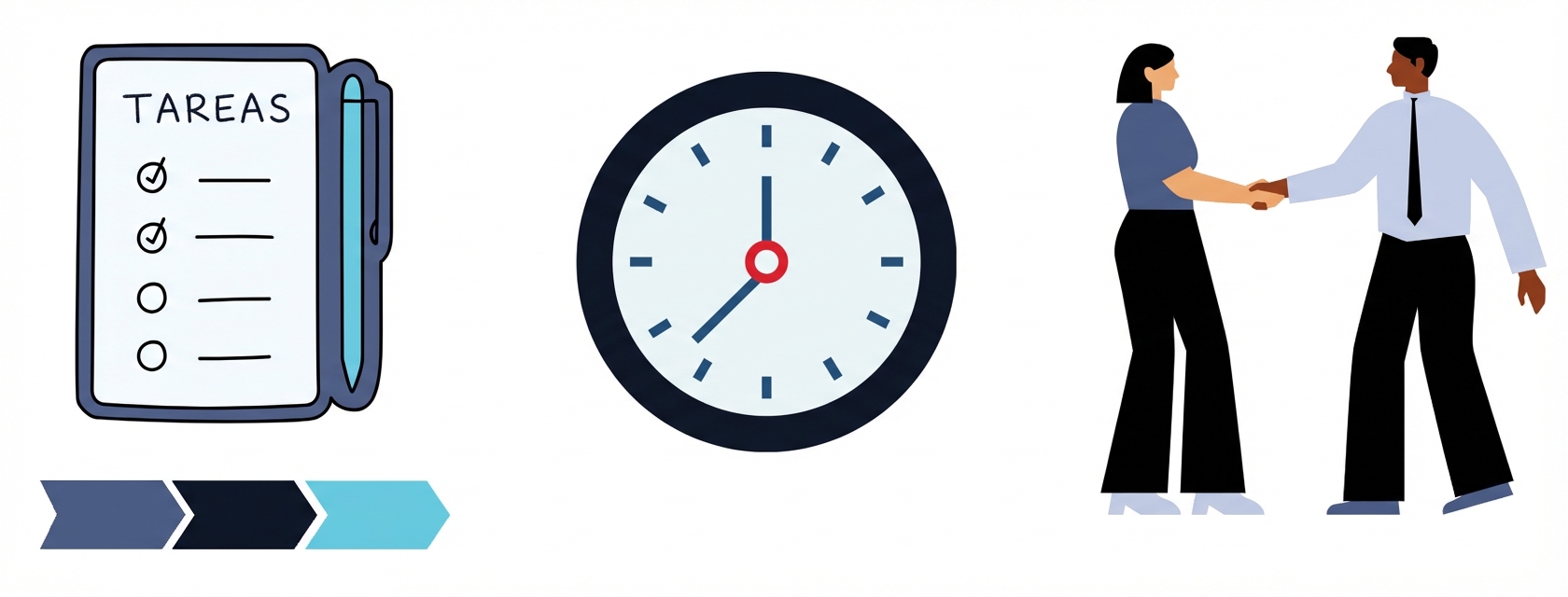 Una lista de tareas pendientes, un reloj y dos personas dándose la mano