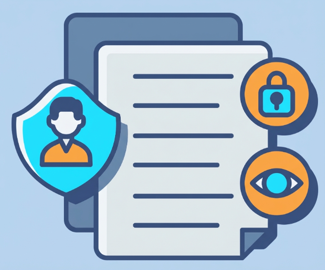 Ilustración de un documento con varios escudos, como un candado y un ojo, para indicar privacidad y seguridad