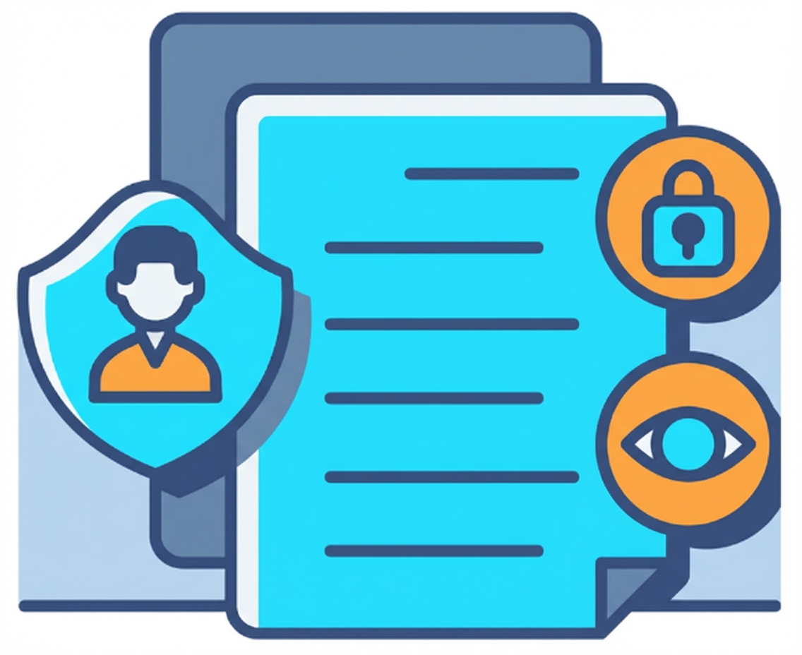 Ilustración de un documento con varios iconos, como un candado y un ojo, para representar las consideraciones.