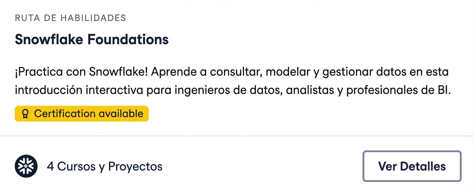 Captura del Skill Track Snowflake Foundations de DataCamp