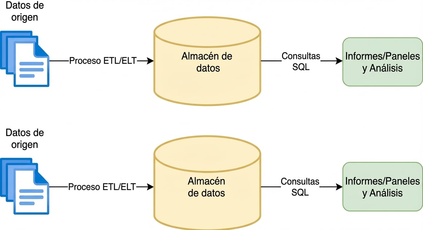 Diagrama de un flujo analítico. Los datos de origen se cargan en tablas SQL en un data warehouse, que se consulta para análisis o informes/dashboards.
