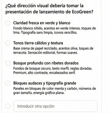 Copilot preguntando qué línea visual debe seguir la presentación de EcoGreen, con cuatro estilos descritos para elegir