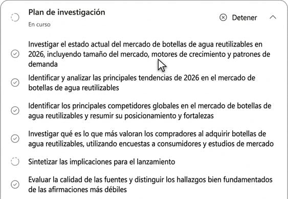 El agente Researcher ejecutando su plan de investigación transparente en varios pasos