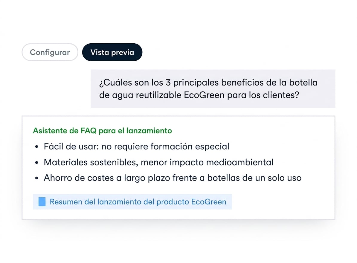 Diagrama del panel Preview: la pregunta de prueba, el agente respondiendo en tres viñetas y la fuente citada
