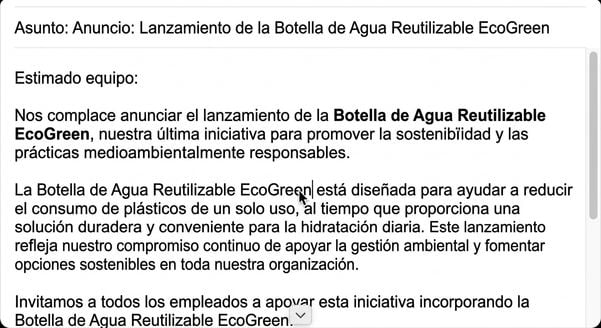 Borrador de correo de anuncio empresarial formal de Copilot