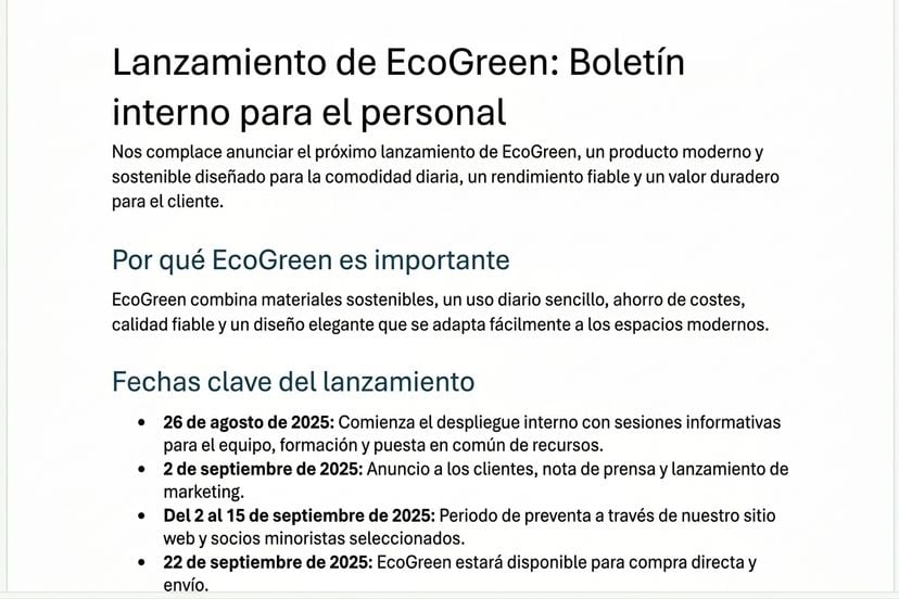 El boletín de EcoGreen redactado por Copilot en Word, con títulos claros y secciones breves