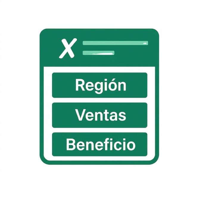 Ilustración de una hoja de Excel verde con columnas etiquetadas Region, Sales y Profit, que simboliza una organización clara de datos