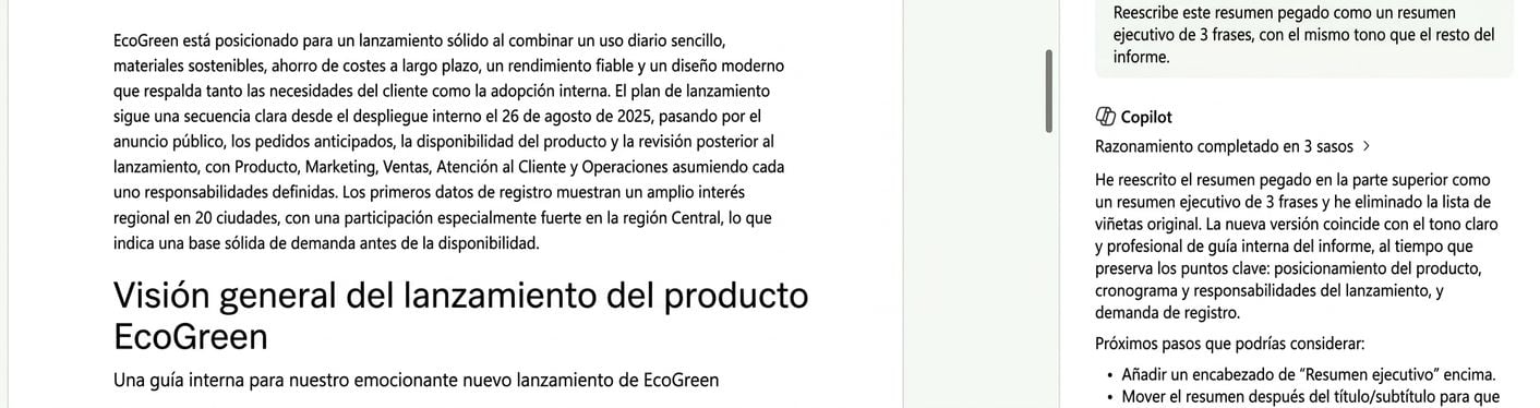 Word convierte el resumen entre archivos pegado en un resumen ejecutivo de tres frases al inicio del informe de EcoGreen