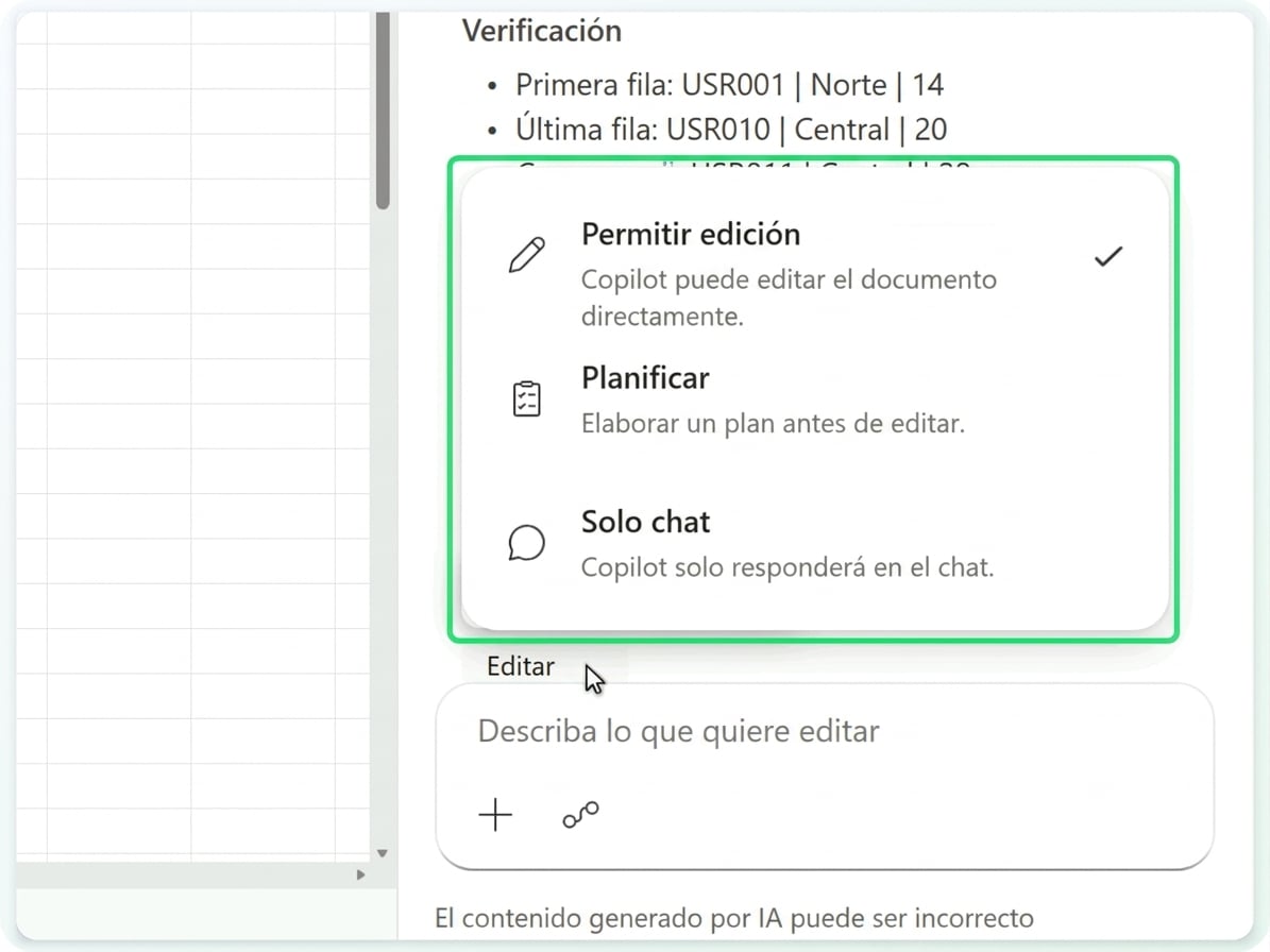 El menú de modos de Copilot: Permitir edición, Plan, Solo chat