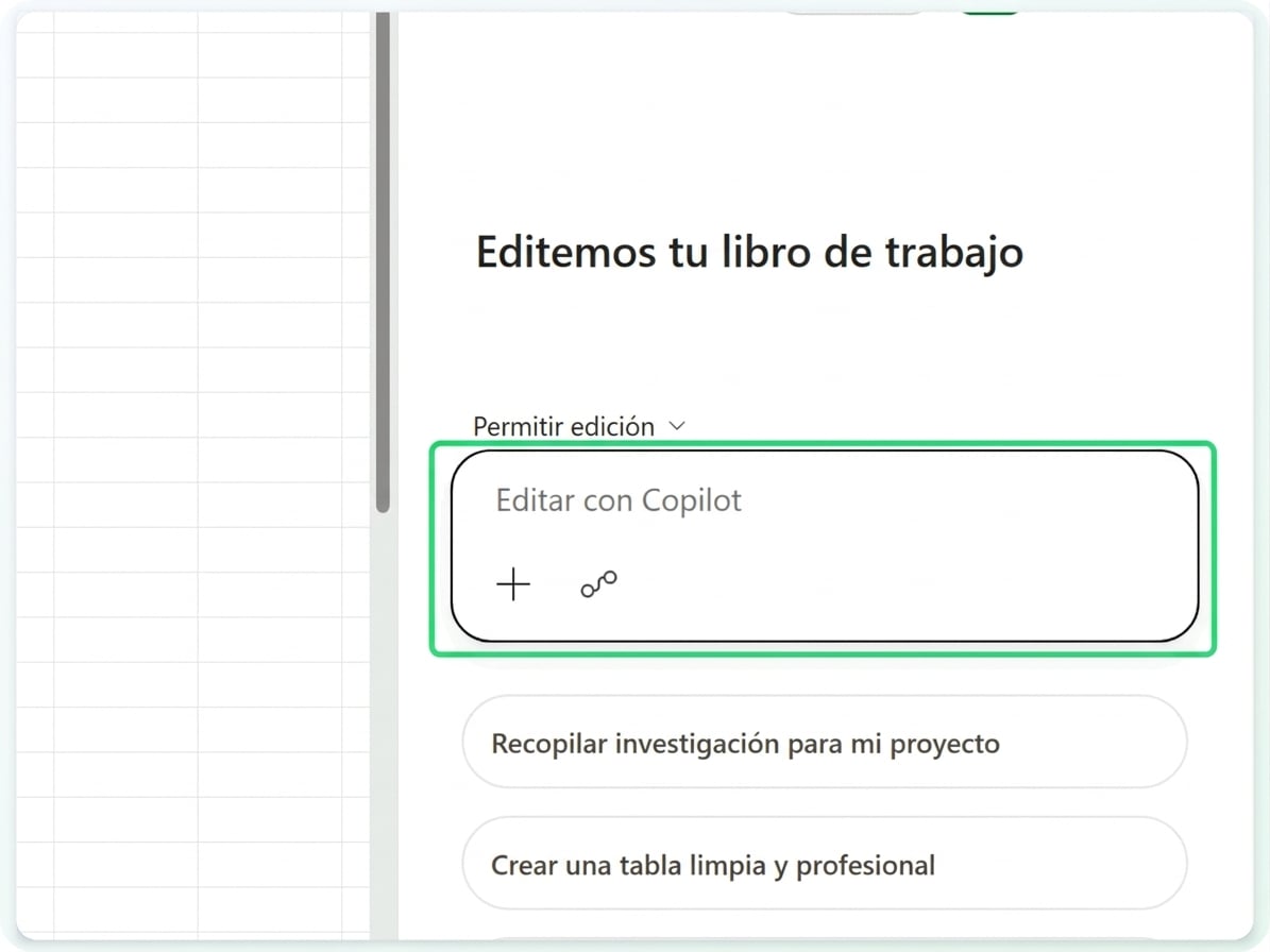 El panel de Copilot, con el cuadro de prompt resaltado