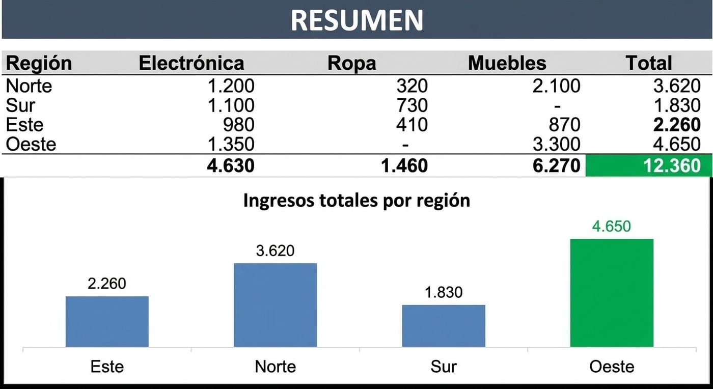 Una tabla dinámica de ingresos por región y categoría, con un gráfico de barras de los totales por región