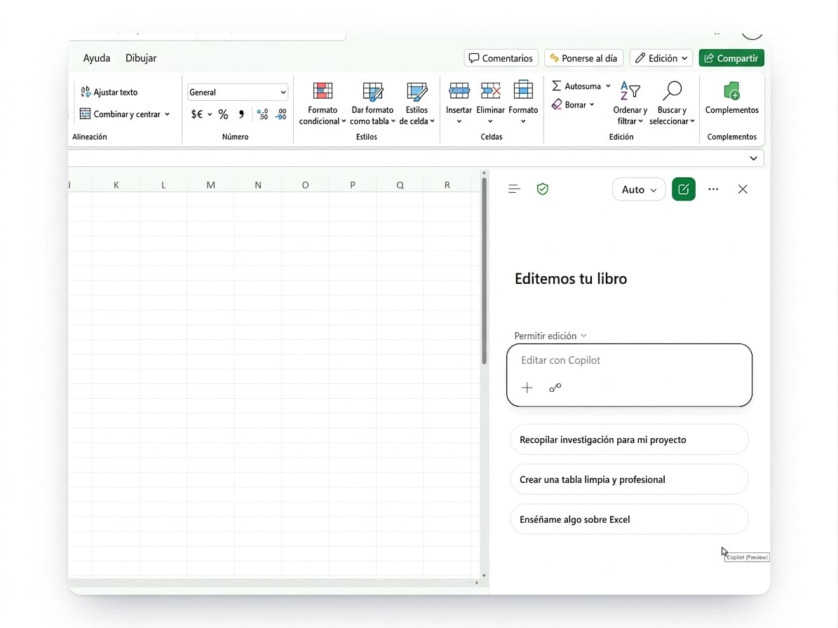 Copilot abierto en Excel para la web, interfaz actual
