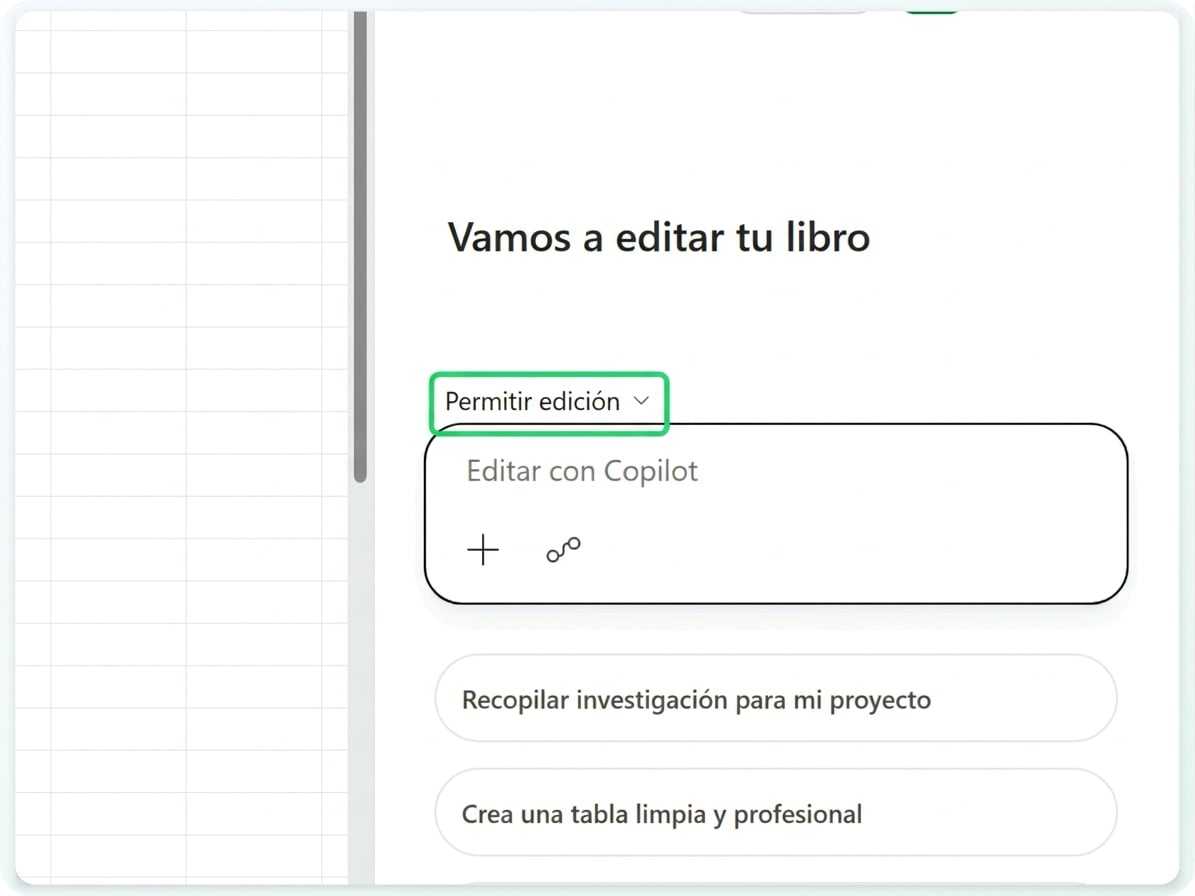 El panel de Copilot, con el control de modo Permitir edición