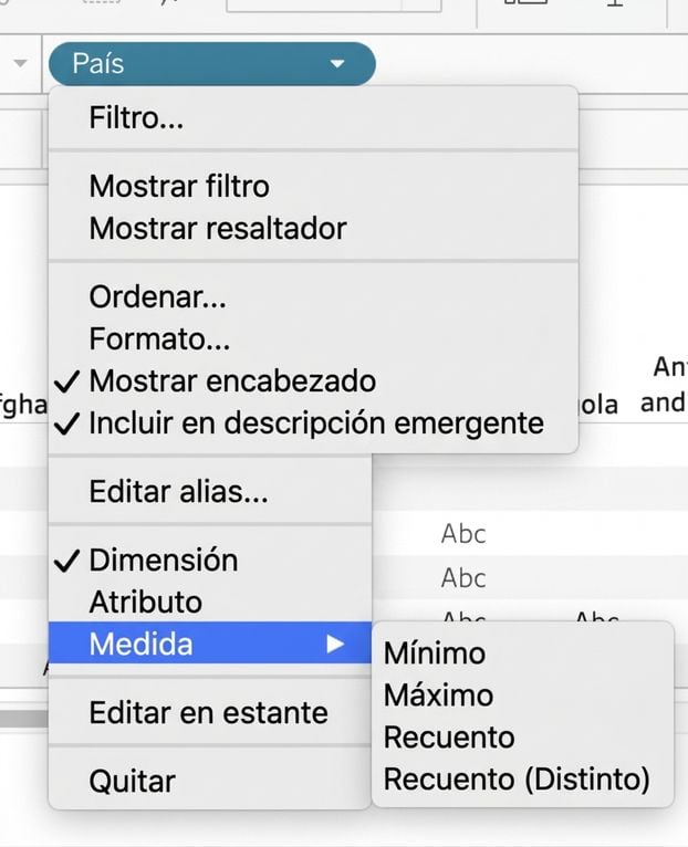 Desplegable de Tableau para agregar dimensiones