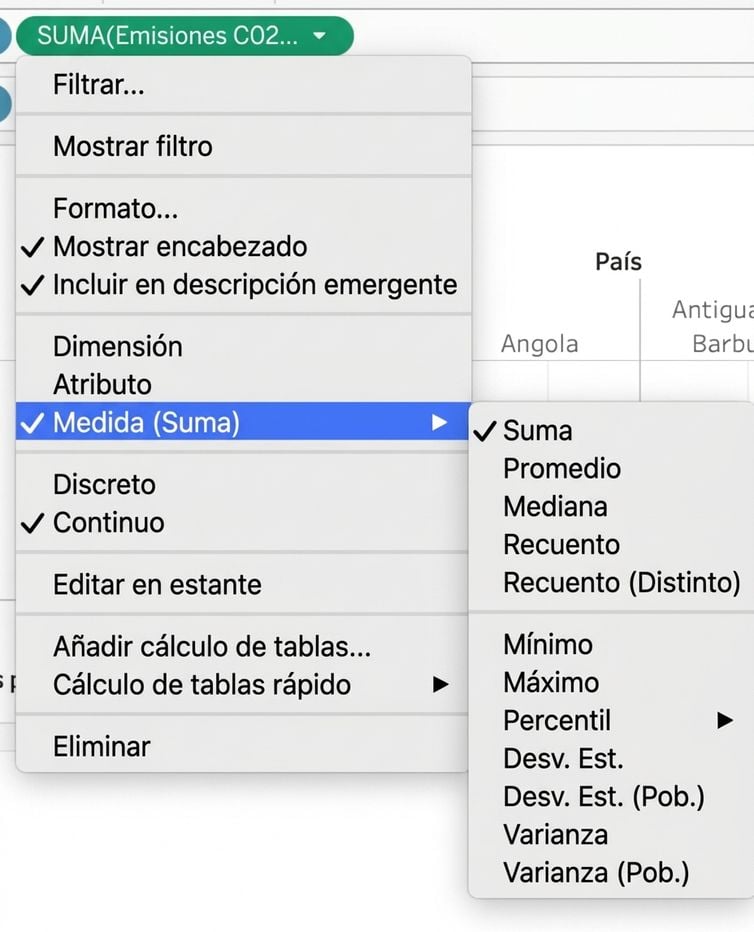 Desplegable de Tableau para agregar medidas