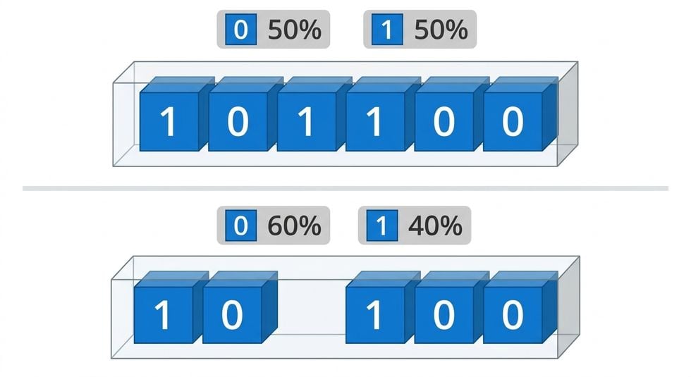 Caja de tickets con 3 ceros y 2 unos. 60 % de probabilidad de 0, 40 % de probabilidad de 1