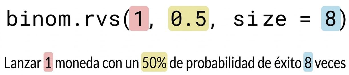 binom.rvs(1, 0.5, 8) con 1 en rojo, 0.5 en amarillo, 8 en azul. Texto: Se lanza 1 (en rojo) moneda con un 50 % (en amarillo) de posibilidades de acierto 8 (en azul) veces