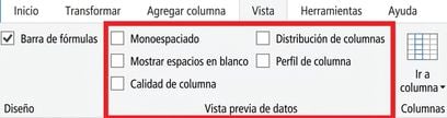 Una captura de Power Query con la pestaña Vista seleccionada y destacando las funciones de vista previa