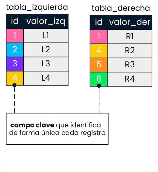 Diagrama que muestra dos tablas: tabla izquierda y tabla derecha. Los valores de id coincidentes en la tabla izquierda y la tabla derecha se muestran con los mismos colores.