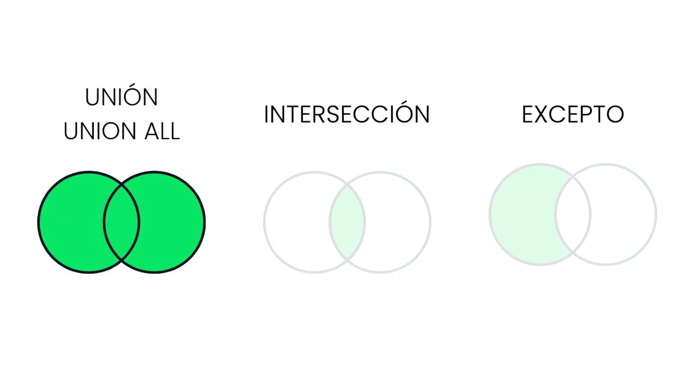 Imagen que muestra tres diagramas de Venn, con dos atenuados. Solo el diagrama con UNION está enfocado. El diagrama UNION tiene dos círculos superpuestos, completamente coloreados en verde.