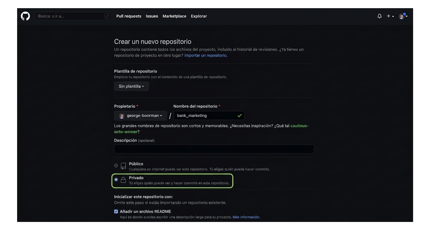 Creación de un repo privado llamado bank marketing