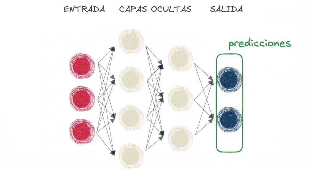 Diagrama que representa una red neuronal con entrada, capa oculta y salida