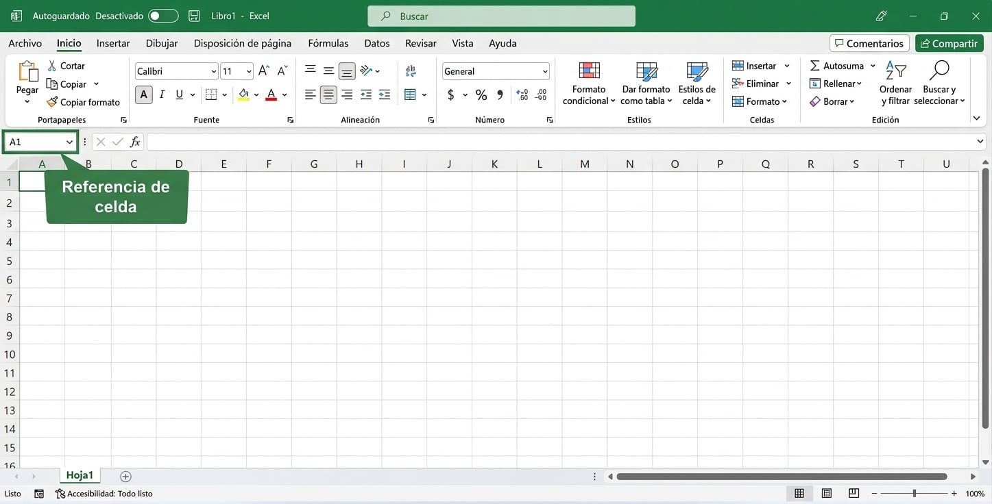Archivo de Excel destacando la referencia de celda
