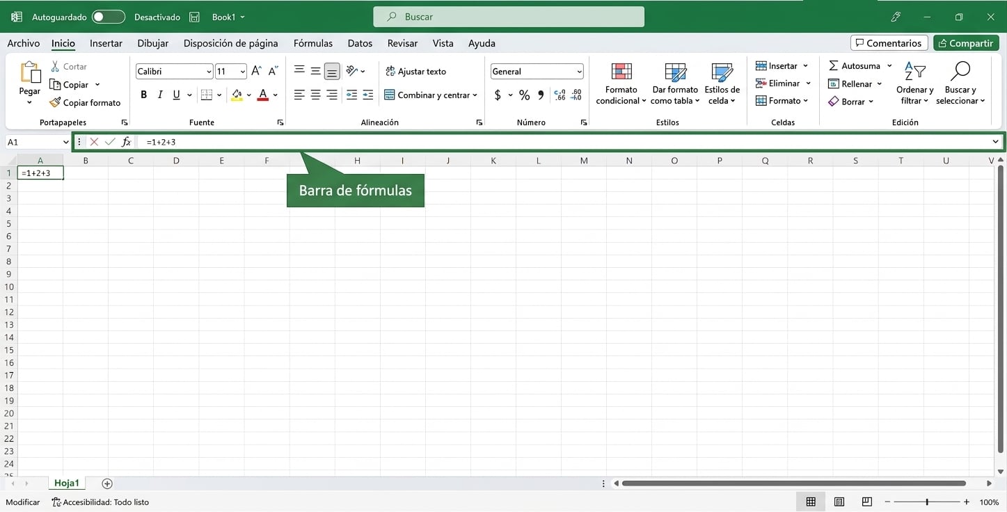 Archivo de Excel destacando la barra de fórmulas