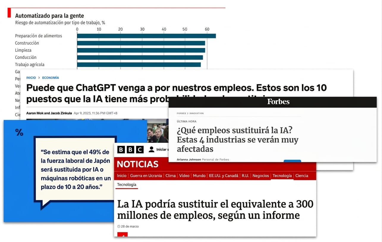 Titulares de noticias y gráficos que proclaman cómo la IA sustituirá a una gran variedad de puestos de trabajo.