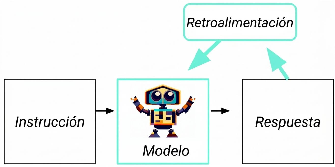 Un flujo de IA generativa, con un bucle adicional: respuesta a la retroalimentación al modelo.