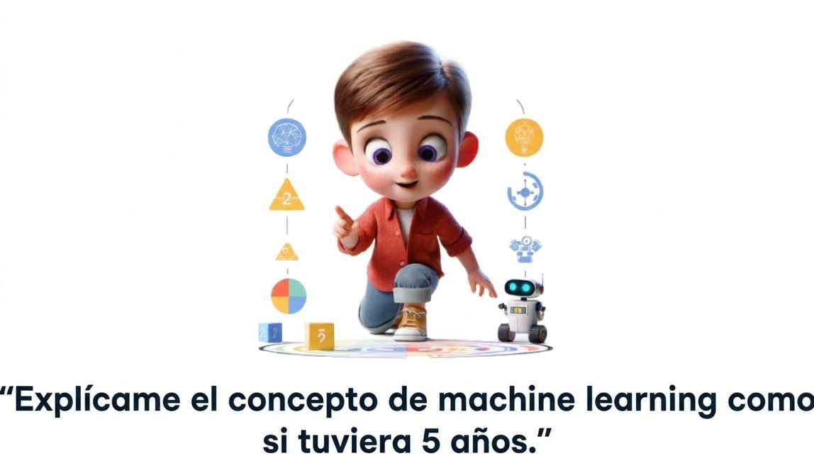 Ilustración de un niño de 5 años y el prompt "explica el concepto de machine learning como si fuera un niño de 5 años"