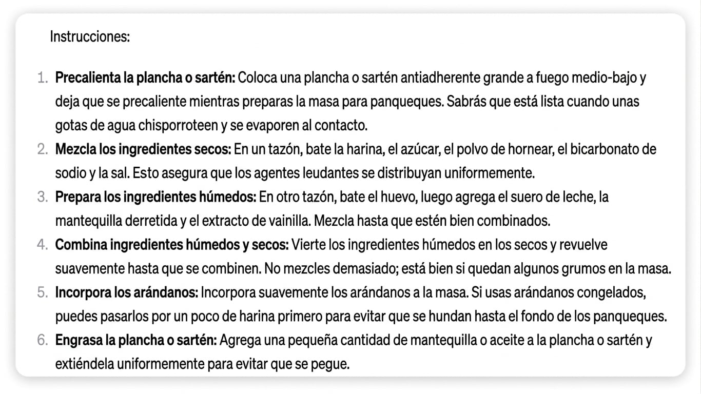 Respuesta de ChatGPT: pasos para preparar las tortitas de arándanos perfectas.
