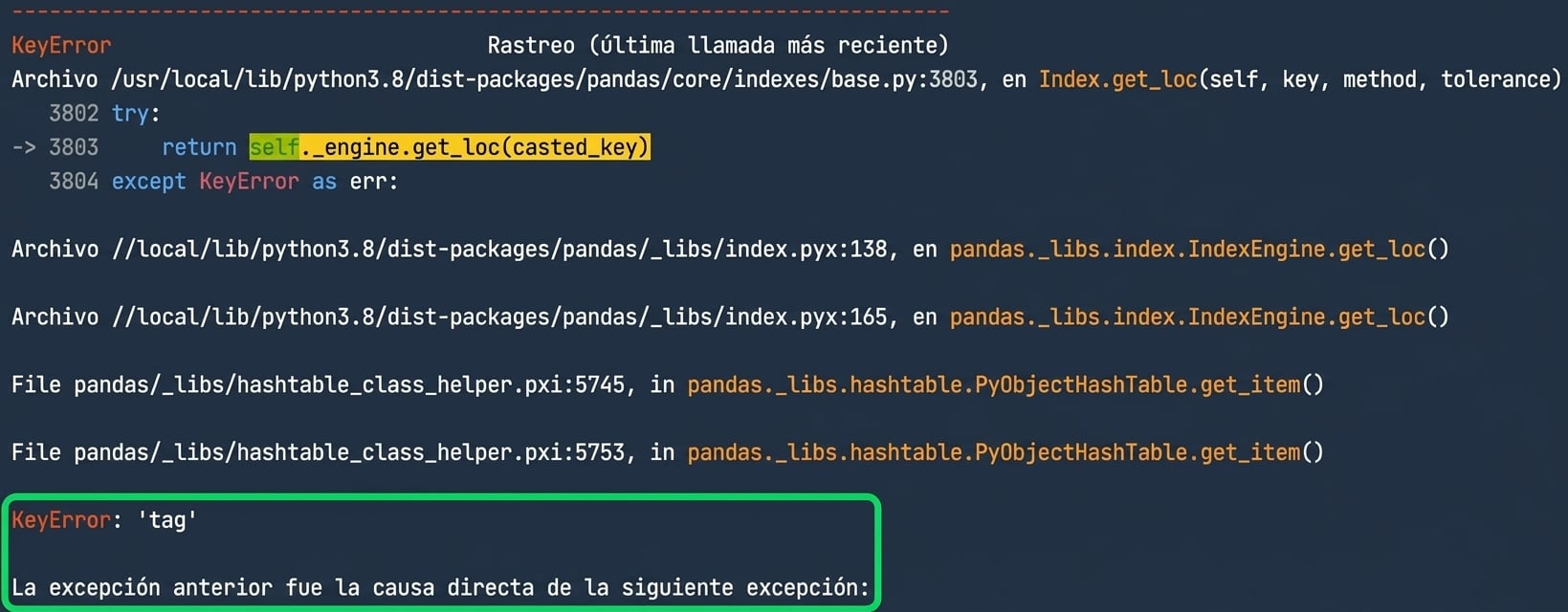 Traceback con KeyError resaltado