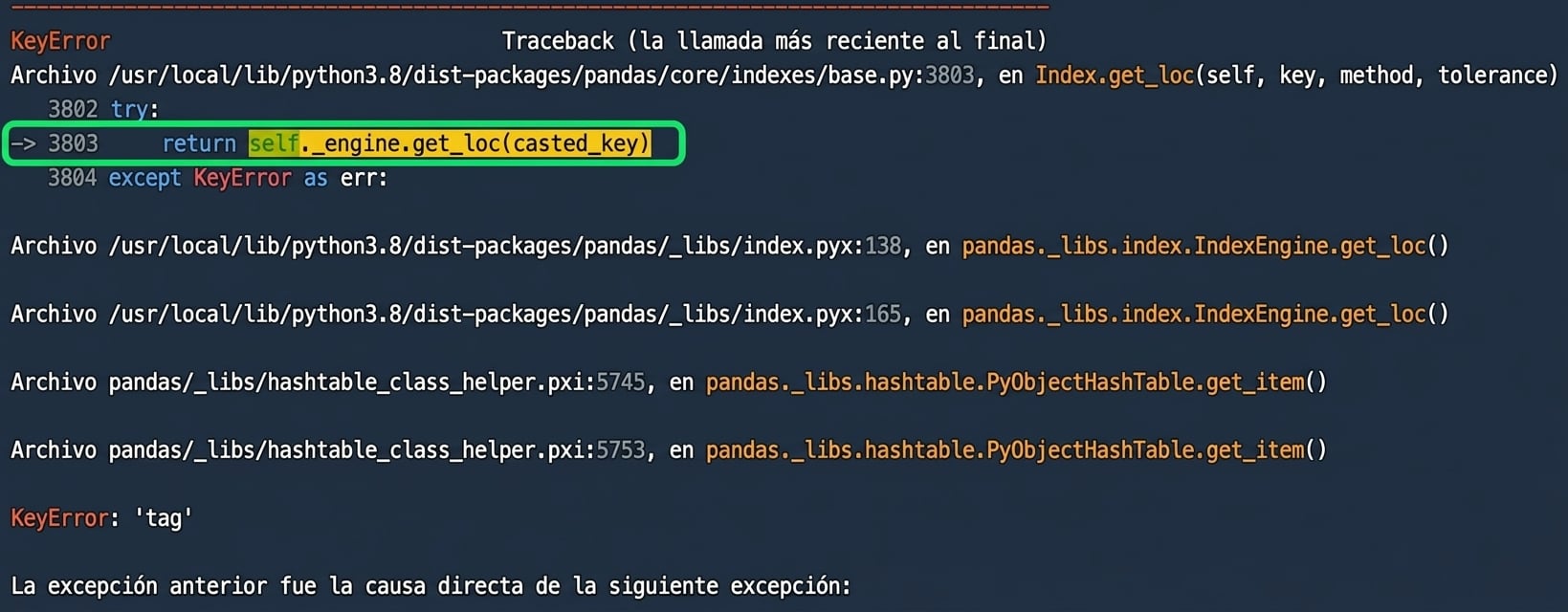 Traceback con la línea 3803 resaltada